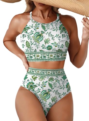 Image of Herseas Women's Bikini Sets High Neck Tropical Leaf Print High Waisted Two Pieces Swimsuits Bathing Suits