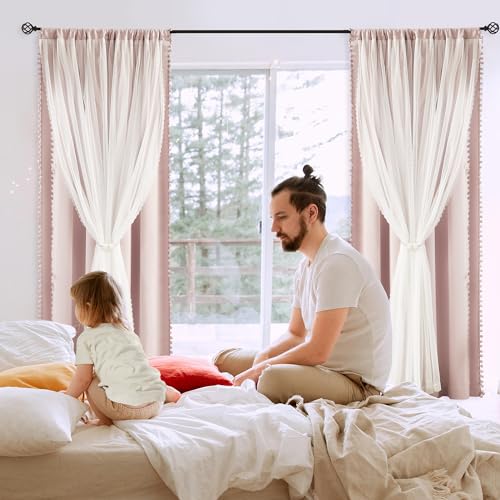 Image of Pink Blackout Curtains with Sheer Overlay for Bedroom, Mix & Match Double Layer Pom Pom Curtains for Girl Nursery, Living Room, Rod Pocket Thermal Insulated Window Panels with Tiebacks 52W X 84L, 2pcs