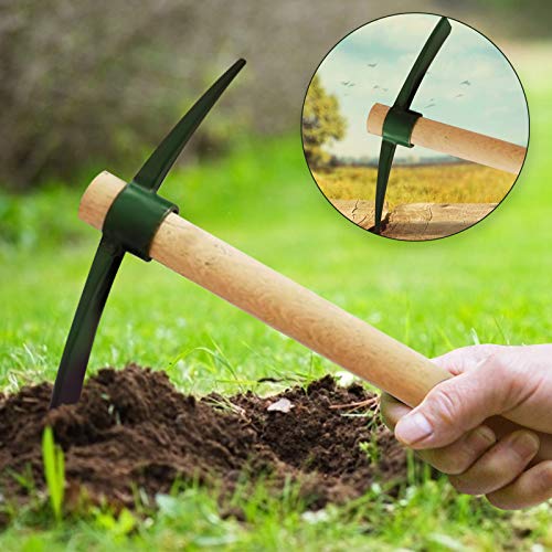 Pickaxe Hoe with Wooden Handle, for Yard Garden Digging Weeding Vegetable Transplanting Planting (L)