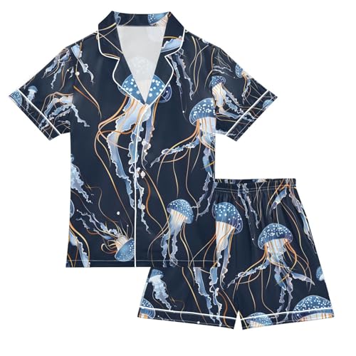 senya Jellyfish on A Dark Satin Summer Pajama Sets Silk Short Sleeve Button Down Sleepwear