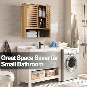 Bathroom Wall Cabinet, Bamboo Medicine Cabinet Wall Mounted, Over The Toilet Hanging Cabinet with 2 Doors & 3 Tier Shelves Bathroom Wall Cabinet Bamboo Medicine Cabinet Wall Mounted Over The Toilet Hanging Cabinet with 2 Doors 3 Tier Shelves