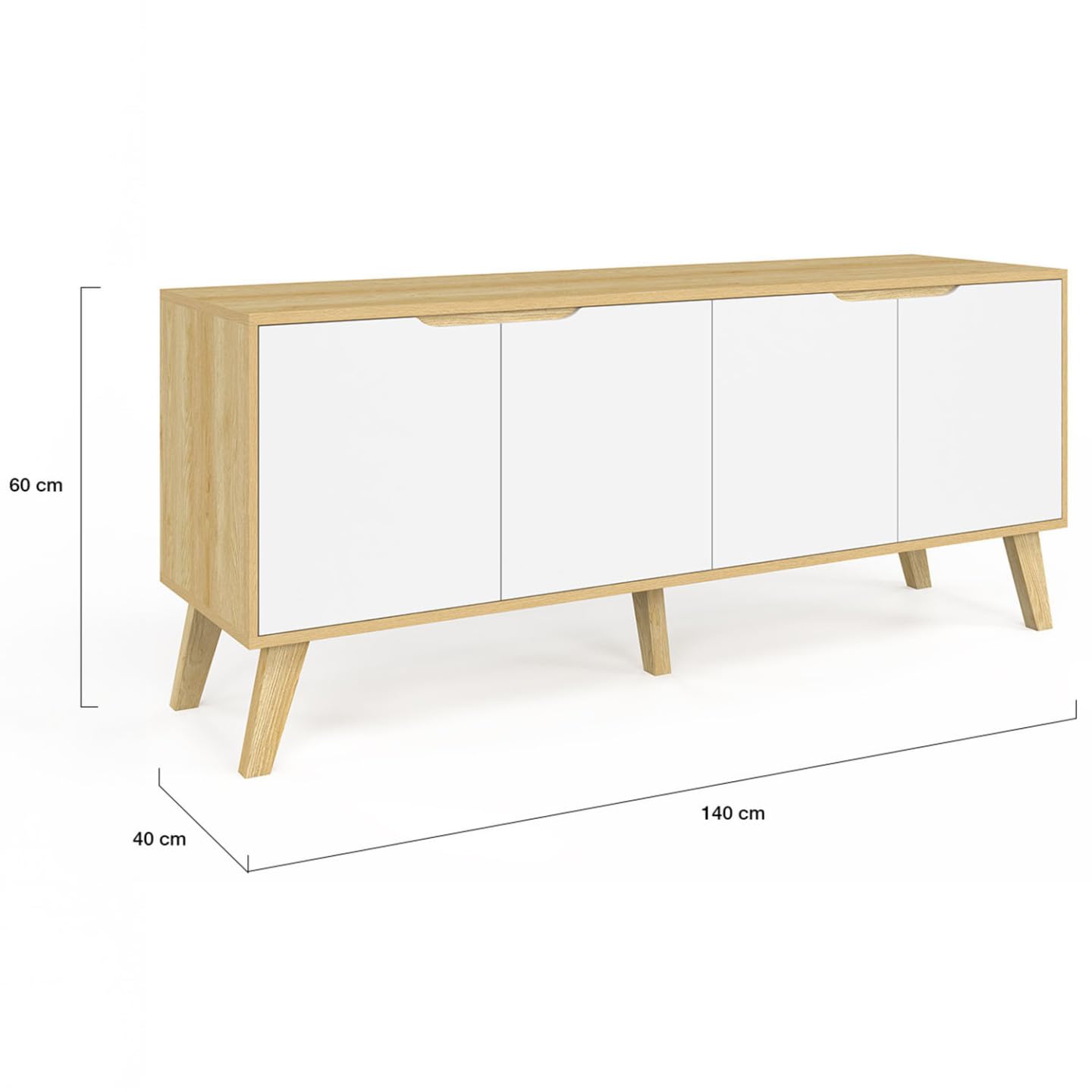 IDMarket - Buffet Bas scandinave 140 cm FINN 4 Portes Blanc et Bois façon hêtre