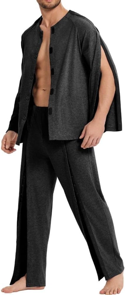 Deyeek Post Shoulder Surgery Shirts for Men Chemo Port Shirts Dialysis Patient Care Tear Away Cotton Pajamas Set