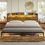 HAUOMS King Size Bed Frame with Storage & LED Light Headboard, Metal Platform Bed with USB-C/A Charging Station, King Bed Frame with Bookcase Headboard, Heavy Duty, No Box Spring Needed, Vintage Brown