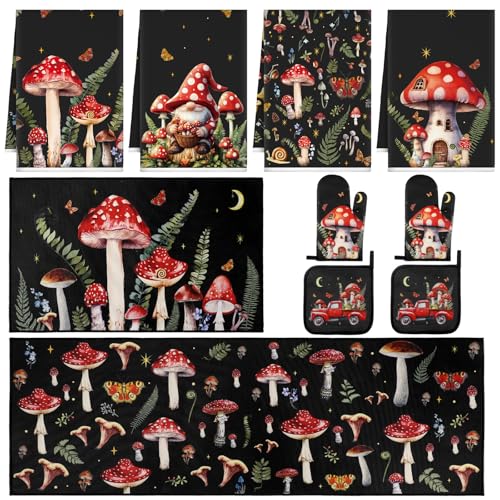 Fourluoo Kitchen Dish Towels, Oven Mitts & Pot Holders Set