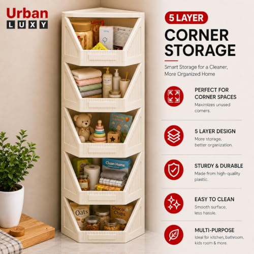 Image of URBAN LUXY Collapsible Wardrobe Rack for Storage /Sturdy Wardrobe /Kitchen Cupboard /Foldable Storage Organizer /Closet for Bedroom /Living Room /Laundry Room (Corner Cupboard, 5PCS)