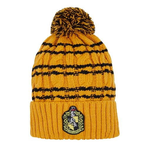 Image of Harry Potter Hufflepuff Yellow & Black Knitted Beanie Hat with Pom Pom