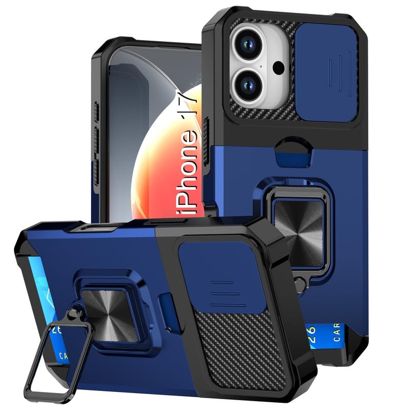Image of LuxuryKase Shockproof Armor Case for iPhone 17 | Slide Camera Cover | Hidden Card Slot | Rotating Ring Kickstand | Magnetic Car Mount Support | Military Grade Protection - Blue