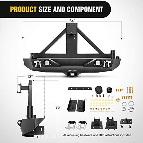 Image of Nilight Rear Bumper & Spare Tire Rack & Hitch Receiver w /2 LED Lights Compatible for 2007-2018 Jeep Wrangler JK for 2007-2018 Jeep Wrangler JK & Unlimited