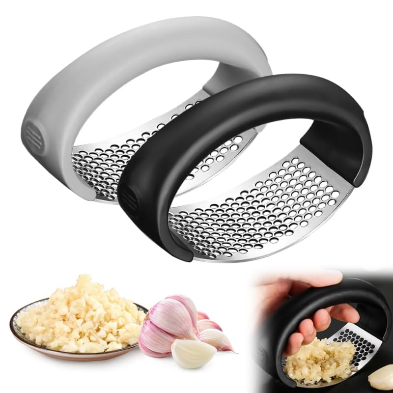 Garlic Press Rocker Portable Manual Stainless Steel Garlic Press Rocker Crusher Masher with Garlic Peeling Drum for Home