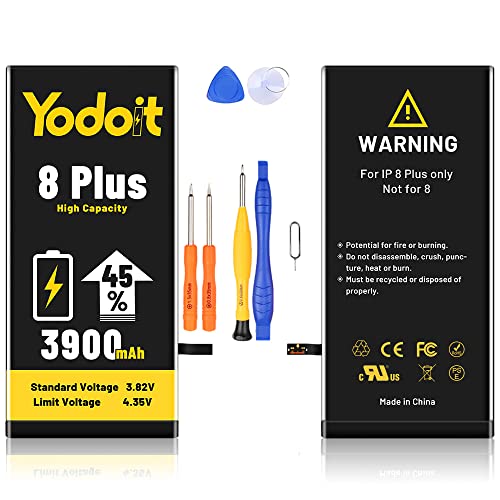 Batterie 3900mAh pour iPhone 8 Plus, Yodoit Batterie de Remplacement Haute Capacité 0 Cycle pour iPhone 8 Plus Modèle A1864, A1907, A1908 avec Kits de Réparation et Adhésives