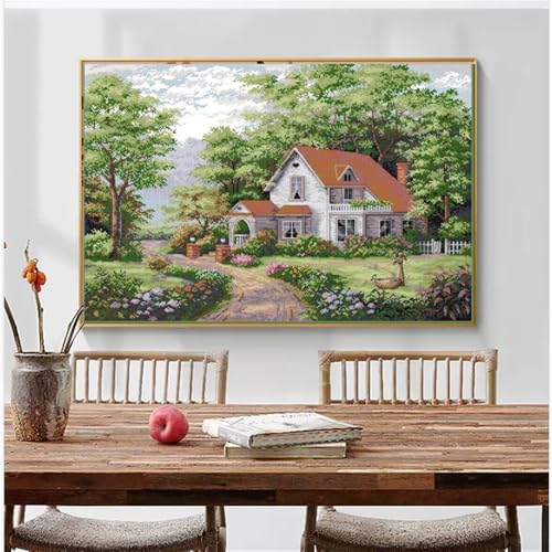 Image of JOYSEWING Jungle Cabin Stamped Kits Cross Stitch Kits Printed Cross Stitch Pattern Full Embroidery Kits for Beginner Needlepoint Kits DIY Home Decor- Red Roof Villa (Printed)(11CT) 30.7x22 inch