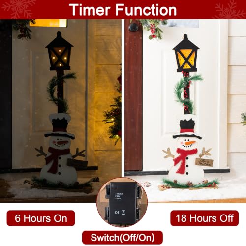 Image of Glitzhome 36.75 inch H Lighted Christmas Snowman Porch Sign,Whimsical Wooden Porch Decor with Illuminated Street Lamp & Timer,Merry Christmas Sign for Holiday Front Porch Outdoor Decorations