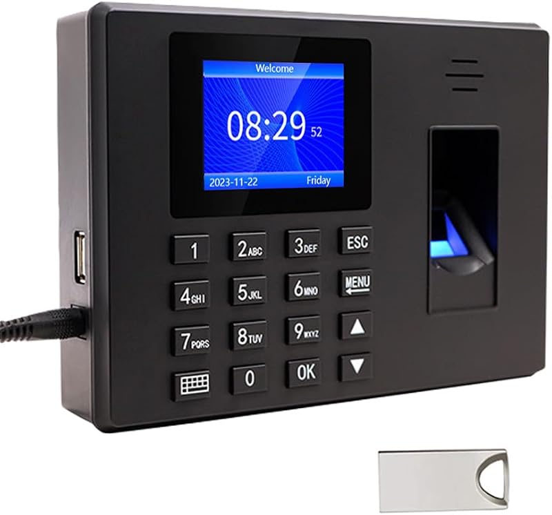 Reloj de tiempo MIKONIYA, máquina de asistencia con huella dactilar, relojes de tiempo para empleados de pequeñas empresas, marcación de contraseñas en una pantalla a color TFT de 2,4 pulgadas,con disco U de 16 G