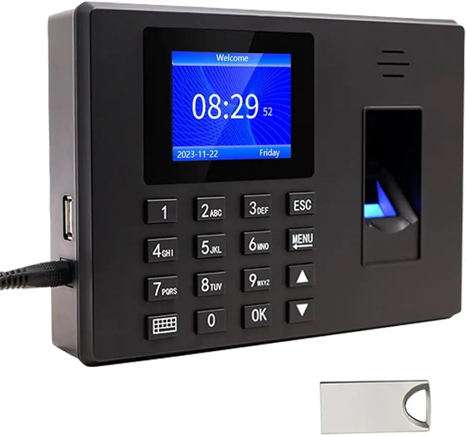 MIKONIYA Relógio de ponto, máquina de atendimento com impressão digital, relógios de ponto para funcionários pequenas empresas, perfuração de senha em um, tela colorida TFT de 2,4 polegadas, com disco