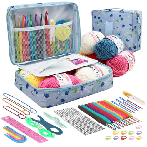 HASTHIP® Crochet Kit for Beginners Adults, 107Pcs Crochet Hook Set with Crochet Yarn, Portable Crochet Set Ergonomic Crochet Hooks Travel Knitting DIY Crochet Supplies, Blue