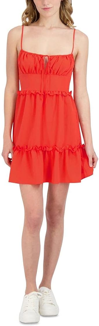 BCBGeneration Womens Fit and Flare Spaghetti Strap Tie Front Square Neck Tiered Skirt Mini Dress