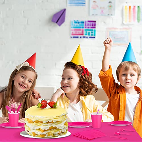 Adxco 351 Pieces Hot Pink Paper Dinnerware Set Solid Color Party Supplies Decoration Include Party Tablecloth 7 Inch 9 Inch Dinner Plates Cups Knives Forks And Spoons Serves 50 Guests #TOP5