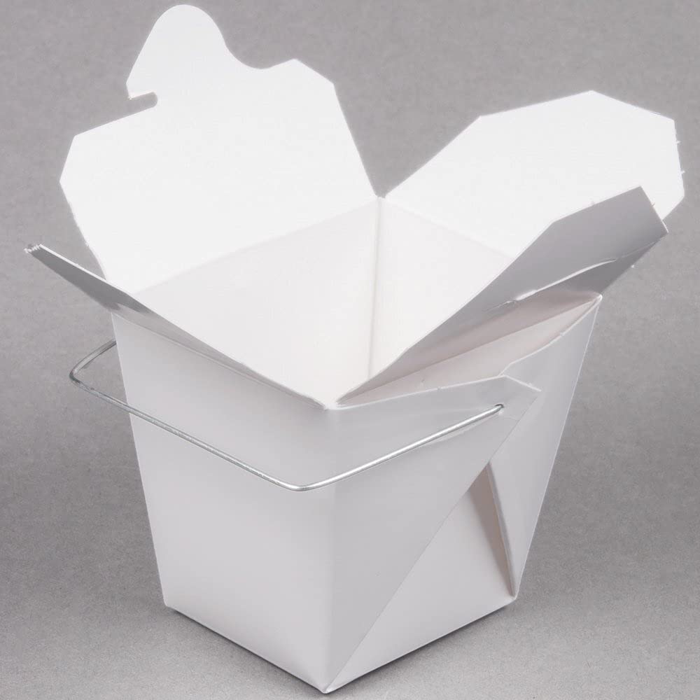 Caja de papel blanco asiático chino con mango de alambre, resistente a fugas y grasa apilable para ir cajas (25, 16 onzas)
