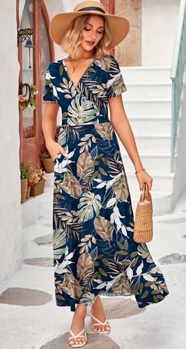 Image of WNEEDU Women's Summer Maxi Dress Short Sleeves Wrap V Neck Long Dresses with Pockets