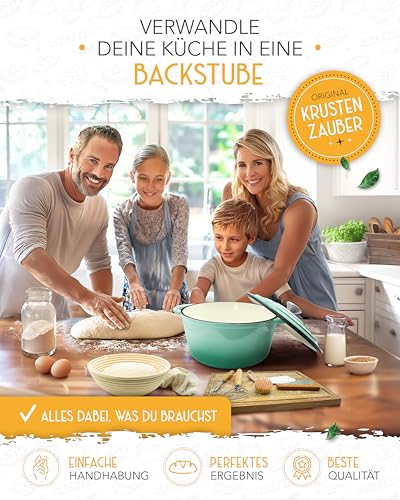 Gusseisen Topf Brot Backen emailliert im XXL Set - Brotbackform mit Deckel inkl Gärkorb, Schneebesen, Bäckermesser, Teigschaber, Brotschlinge etc. Perfektes Brotbacktopf Set für Anfänger