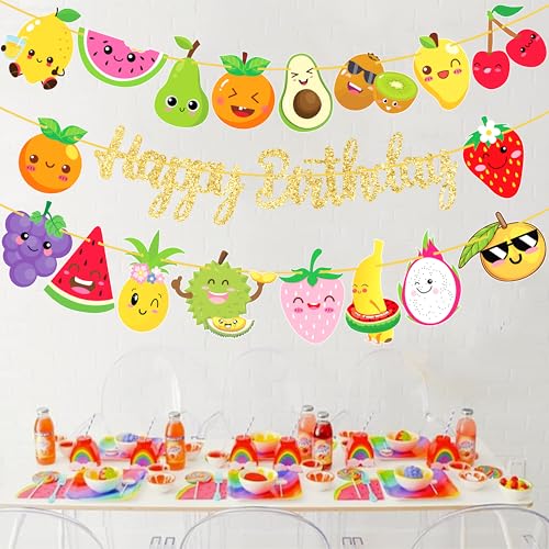 Image of Fruit Theme Birthday Banners Tutti Frutti Party Gold Happy Birthday Banners Summer Fruit Hanging Decoration for Watermelon Strawberry Theme Birthday Party Supplies