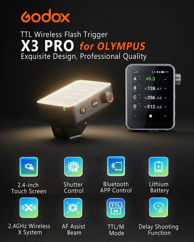 Godox X3 Pro X3PRO-O Déclencheur Flash TTL sans Fil pour Olympus & Panasonic, Écran Tactile, 2.4GHz Système X, Contrôle Bluetooth & App, HSS, Shutter Control, Recharge USB-C Rapide