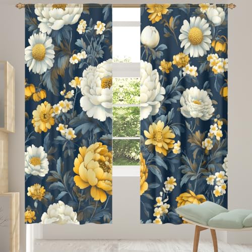 Mexpekil Cortinas traslúcidas con patrón floral amarillo y blanco para sala de estar, dormitorio, cortina de gasa filtrante de luz con bolsillo para barra, cortinas de privacidad para ventana, juego