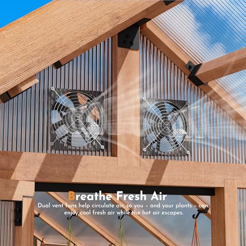Image of Modern Shade EverBloom 6.5'x10' Wooden Greenhouse, 8' Extra-Tall Cedar Wood Greenhouse with Built-in Outdoor Faucet Kit, Heavy Duty Greenhouse with Built-in Shelving, Power Strip & Ventilation System