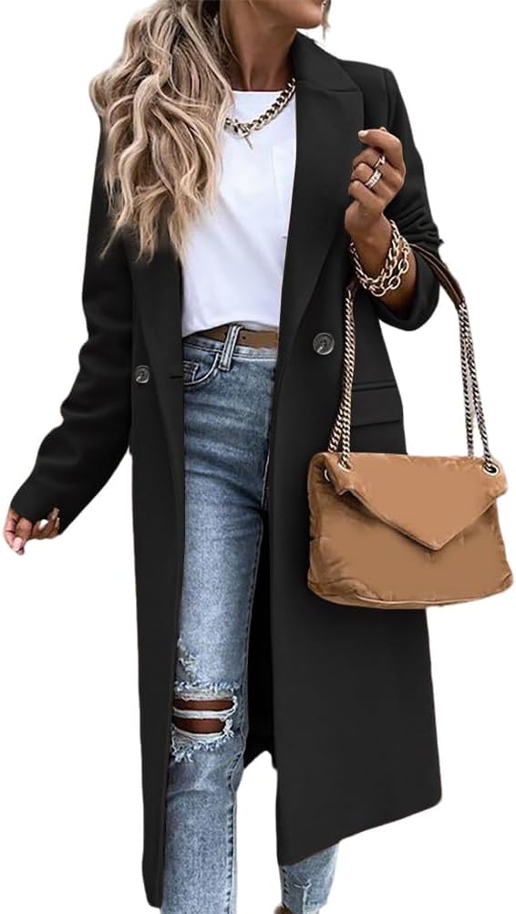 IDEALSANXUN Womens Long Wool Coats Fall Winter Notch Lapel Dressy Peacoat Jackets