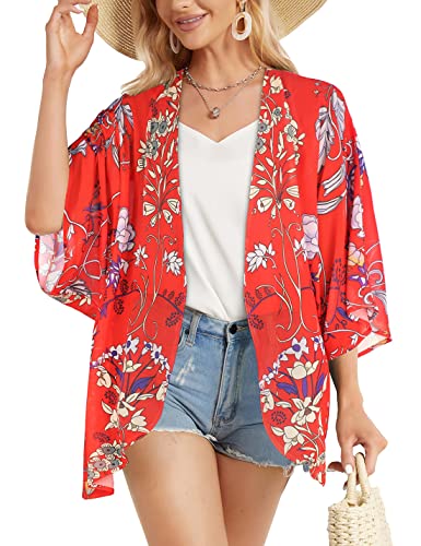 Omoone Women's Short Batwing Sleeve Floral Chiffon Cardigan Kimono Beachwear - Image 3