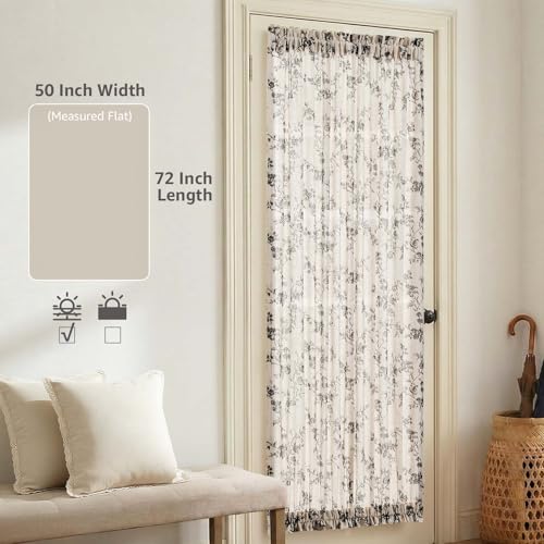Image of jinchan Floral French Door Curtain Panel Farmhouse Decor Light Filtering Linen with Tie Up Bow for Glass Door or Patio 72 Inch Length Rod Pocket 1 Panel Black on Linen