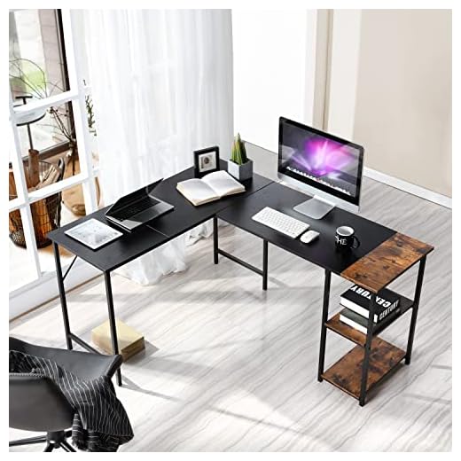 FurnitureR L-Shaped 58.3'' Corner Computer Desk with Storage Shelf Long Gaming Desk for Home Office PC Workstation Saving Space Laptop Table, Black and Brown