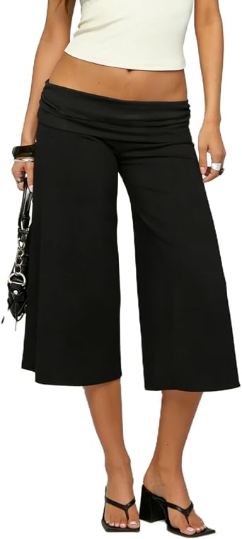 RUEWEY Women Fold Over Capri Pants Low Rise Wide Leg Yoga Capris Going Out Flowy Gaucho Pants Streetwear