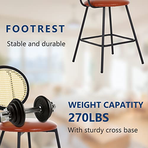 Barstools Set Of 2, Faux Leather Counter Stool With Rattan Backrest Modern Industrial Upholstered Counter Height Stools Urban Mid Century Bar Chairs With Footrest For Kitchen Dining Room Wine Bar #TOP6