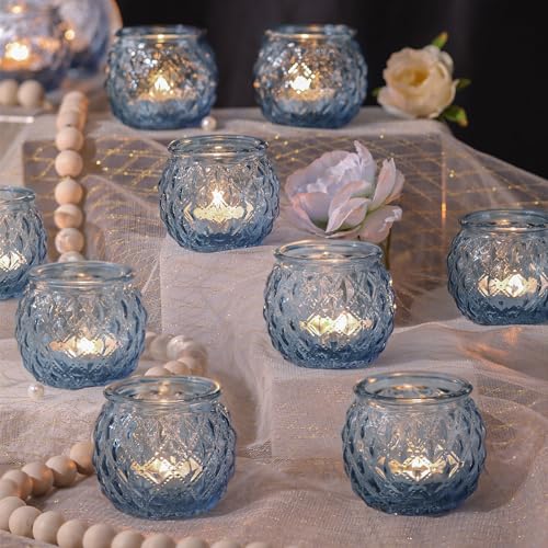 Generic DARJEN 12Pcs Blue Votive Candle Holders - Round Glass Candle Holders Bulk for Tea Light Candle, Diamond Texture Candle Votives for Wedding Centerpiece, Party & Home Decor