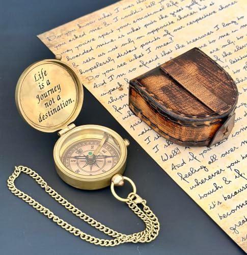 Brújula de latón grabada para regalo, caja de cuero cosida a mano, regalo de aniversario, jubilación, Día del Padre miniatura 7