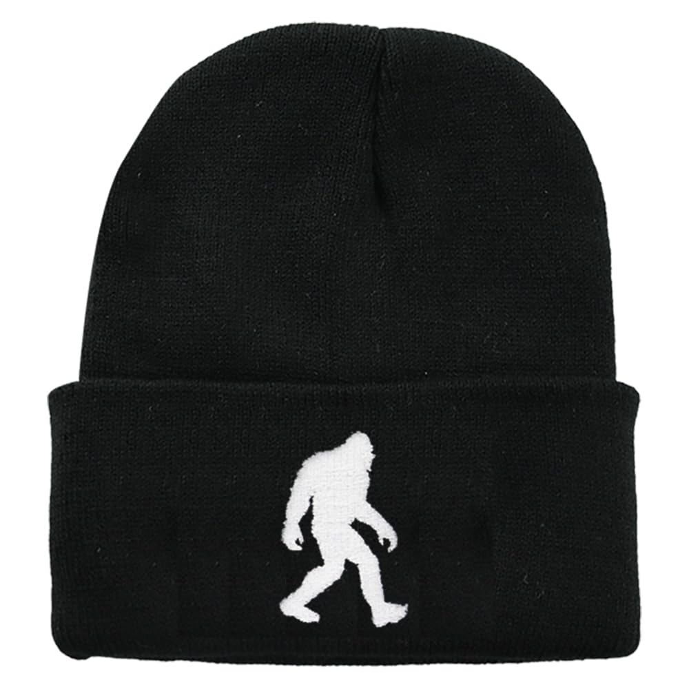 Embroidered Bigfoot Acrylic Plain Wild Big Foot Sasquatch Knit Cuff Hat for Men Women, Warm Slouchy Beanie