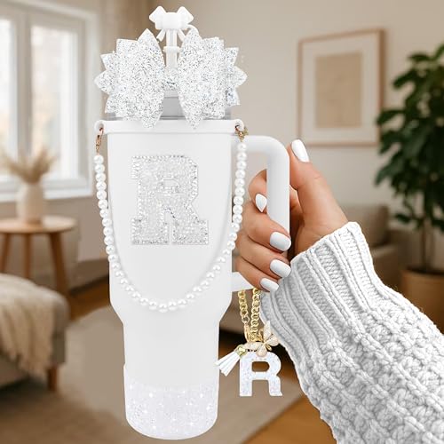 Hpebl 9PCS White for Stanley Cup Accessories Set Bling Initials Bow Charms for Stanley Decorations 30/40 Oz Tumbler Accessories Including Bow Straw Topper, Handle Strap, Spill Stopper（Letter R） - image 2