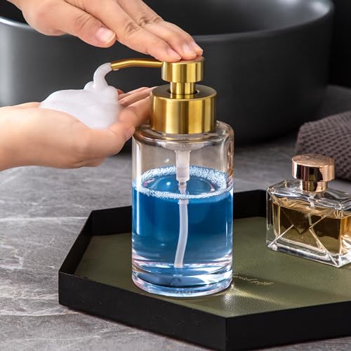 Image of Enra Gold Foaming Soap Dispenser, Thick Glass Bathroom Hand Soap Dispenser | 12oz glass bottle with stainless steel pump. Elegant design for bathroom, kitchen sink, countertop and home decor.