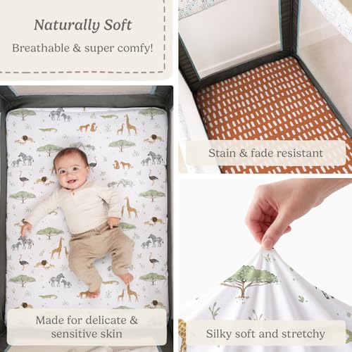 Image of Pack and Play Sheets Fitted, Mini Crib Sheets for Graco Pack N Play Playard (38x26), Ultra Soft Organic Cotton Blend, Safe & Snug Playpen Mattress Sheet for Baby Boys & Girls, Safari Adventure, 2-Pack
