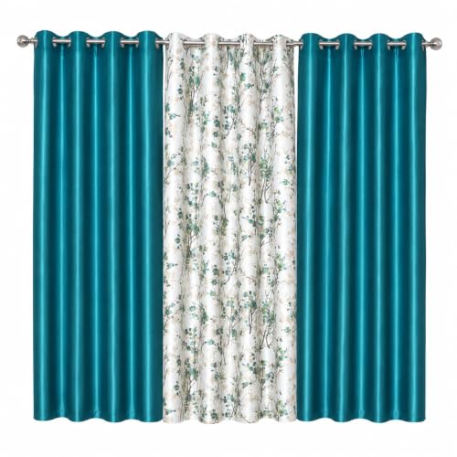 Image of 9 Feet Polyester Floral Light Filtering Long Door Curtains for Bedroom, Living Room & Hall, Eyelet Top, Aqua Print & Solid Plain Curtain Set of 3