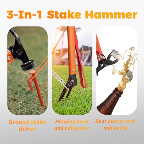 Martillo de Camping de Aluminio, Martillo 3 en 1 para Estacas de Tienda con Extractor y Abrebotellas 12" Multiherramienta Ligera para Camping, Senderismo y Mochilero (Naranja) miniatura 4