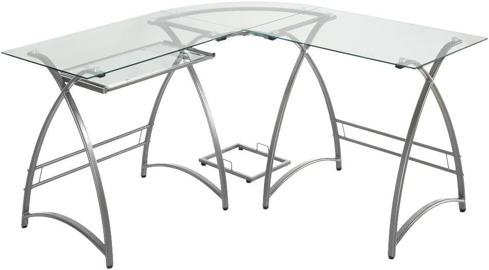 Walker Edison Ellis Modern Glass Top L Shaped Corner Gaming Desk with Computer Keyboard Tray, 51 Inch, Silver