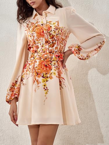 Image of Women Long Sleeve Spring Button Down A-Line Floral Print Summer Cocktail Shirt Dresses with Belt