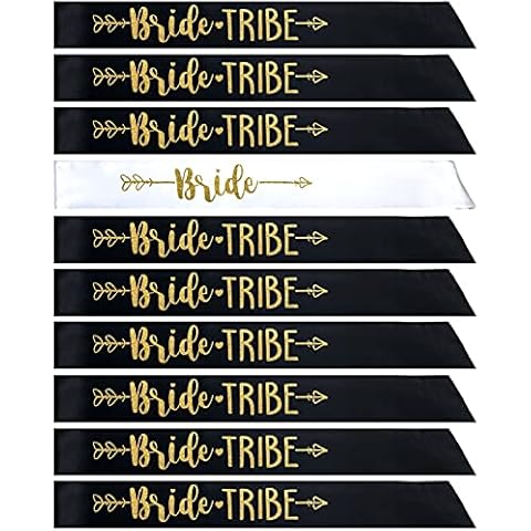 Bride Tribe 7pc or 10pc Satin Sash Set - Sophisticated & Fun Party Favors for Bachelorette Party, Bridal Shower & Wedding Party (Black & Gold, 10pc Set) Cover