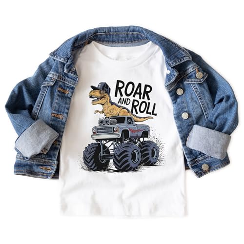Dinosaur Monster Truck Shirts For Boys - Roar And Roll Dino Toddler & Youth Shirt - Natural Boys & Girls Graphic Tee3