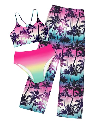 Image of NECIOUS Girls Swimsuit, 3 Piece Bikini Bathing Suit Tropical Floral Swimwear with Cover Up Pants 7-16Y