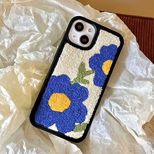 Aaknhen Chic Flower Embroidery Cloth Phone Case Compatible With Iphone 13 Fabric Phone Case Floral Pattern For Iphone 13 6.1''Girls Women Dirt-Resistant Winter Back Cover(Klein Blue Flower) #TOP2