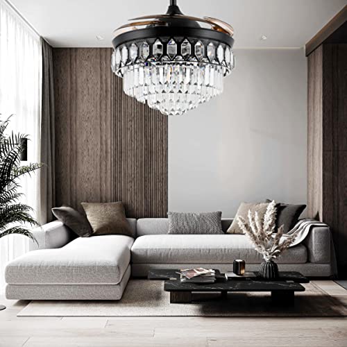42″ Retractable Chandelier Ceiling Fan With Light And Remote Control Modern Crystal Fan With Light Kinds Of Color Dimming 6-Speed Led Fandelier With Invisible Silent Blades #TOP6